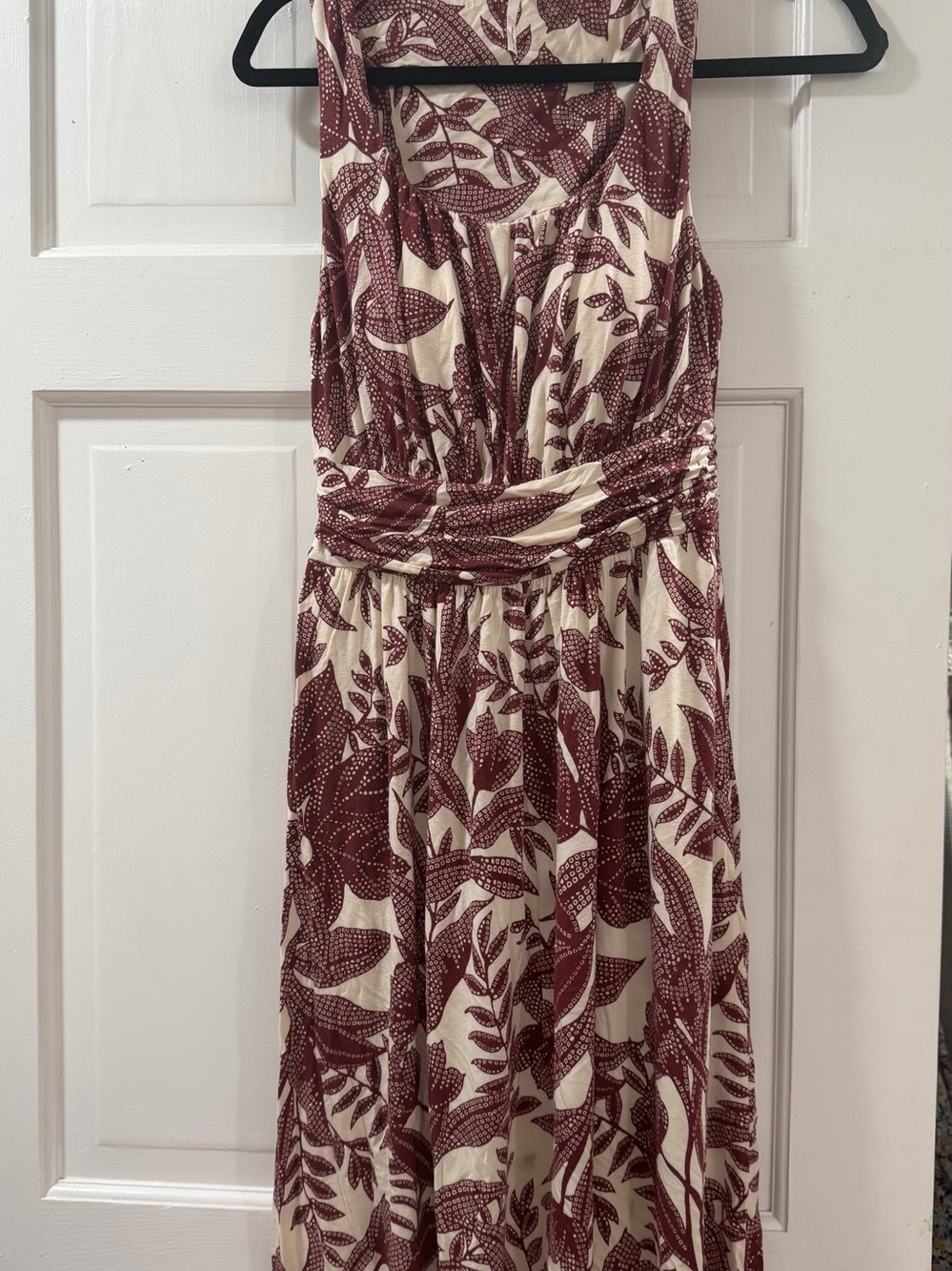 Soma Cream and Burgundy Leaf-Print Maxi Dress with Gathered Waist
